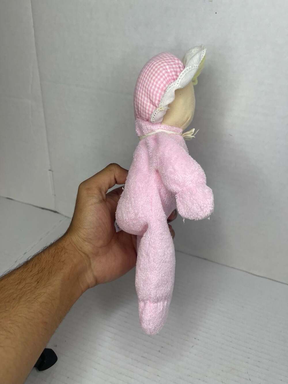 Vintage Eden Toys Pink Plush Terry Cloth Doll w/ Gingham Bonnet - Picture 6 of 6